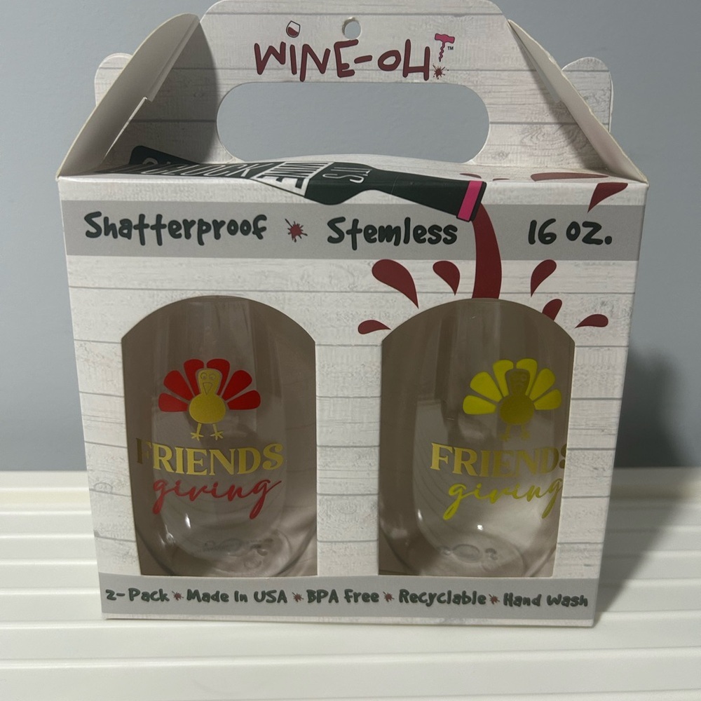Friendsgiving Shatterproof Plastic Stemless Wine Glasses 2-Pack